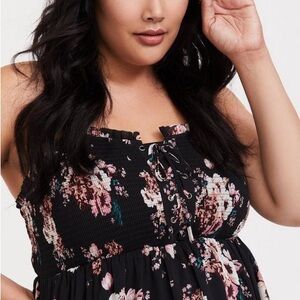Torrid Womens Top 3X Black Floral Babydoll Chiffon Smocked Cami